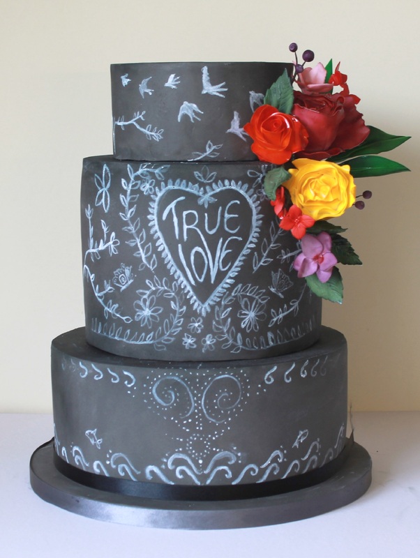 chalkboard, wedding cake, bright flowers